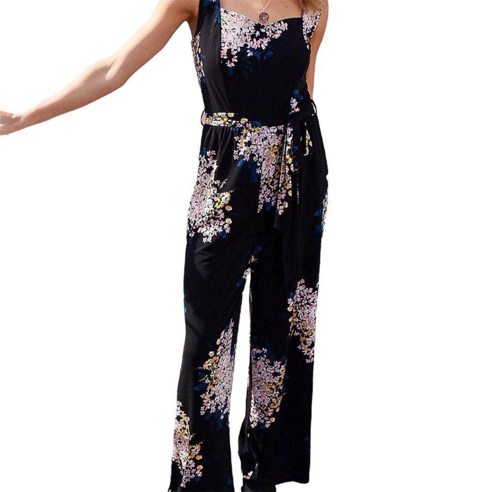 Maurice’s Medium Black and Pink Floral Wide Leg Sweetheart Neckline Jumpsuit